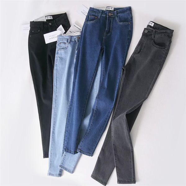 

джинсы для женщин джинсы синий высокой талией женщина высокая упругие женщина мыть серый деним растянуть тощий карандаш штаны, Blue