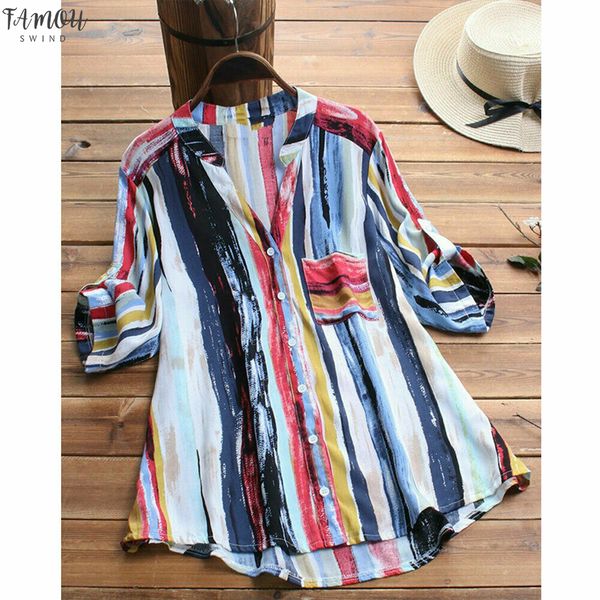 

new women cotton striped summer gypsy baggy tunic shirt long sleeve blouse plus size lot button colorful striped loose clothes, White