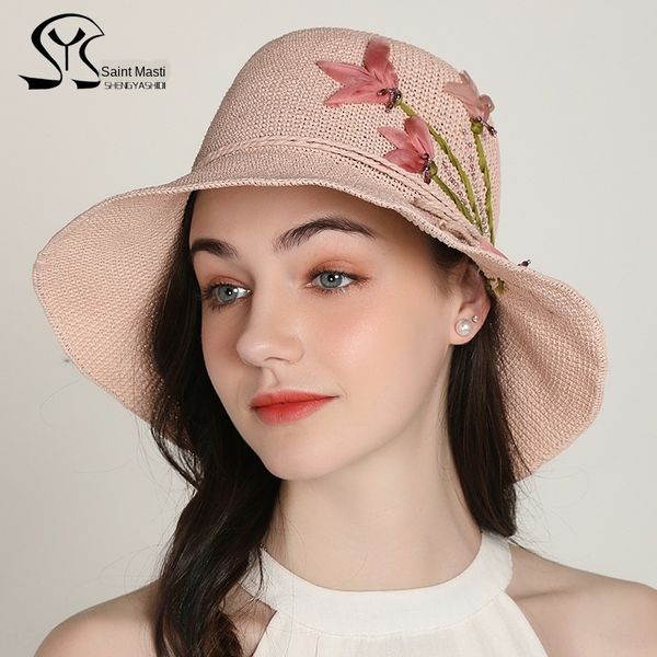 

summer embroidered silk versatile handmade small fisherman basin straw edge straw basin hat fisherman hat foldable, Blue;gray