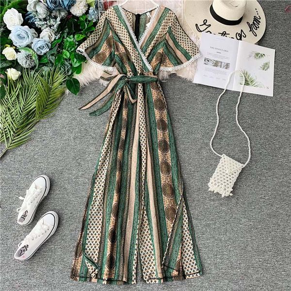 

nicemix fashion boho beach striped print jumpsuit women summer bandage chiffon split boot cut long romper female casual bohemian, Black;white
