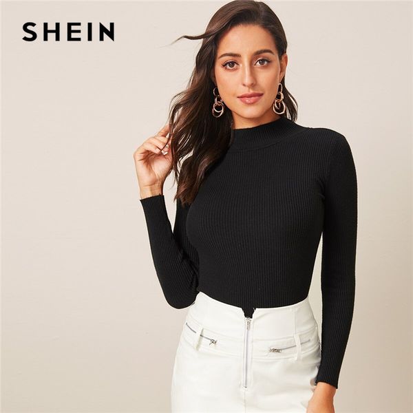 

shein solid stand collar ribbed knit autumn casual sweater women 2019 winter long sleeve form fitted ladies basic sweaters, White;black