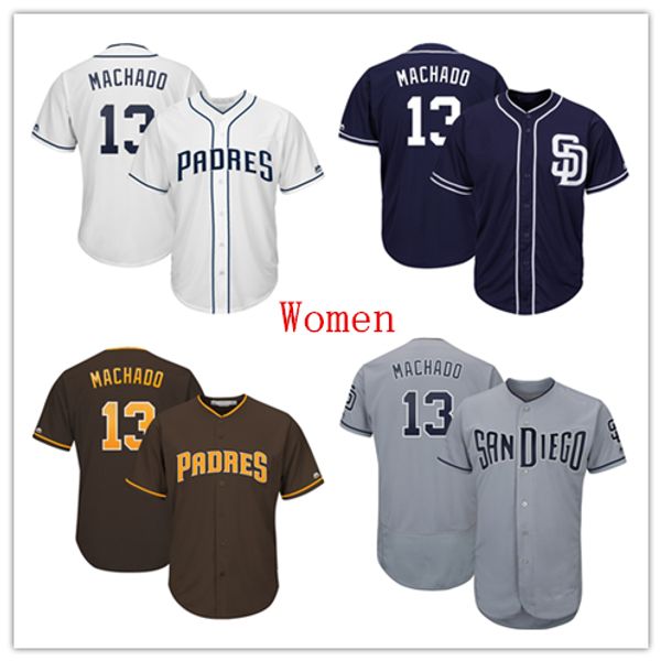 

Womens San Diego Padres 13 Manny Machado Baseball Jersey Navy Blue Brown White Gray Grey Green Salute Players Weekend All Star Team Logo