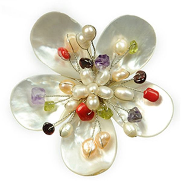 Broche de flores multi cor pedaços de pedra cordão e pérolas de água doce mãe natural de pérola shell branco 5 partes