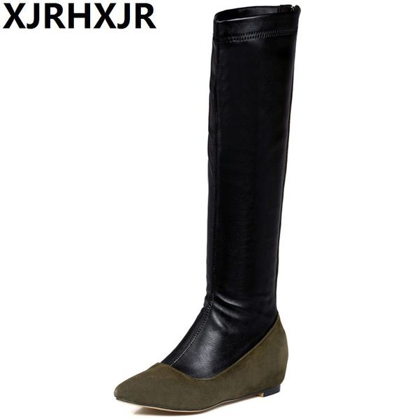 

2018 new handmade large size black womens knee high boots suede zipper pointed toe long boots ladies height increase footwear
