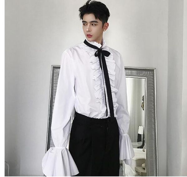 

2019 new catwalk models tide men's shirts europe and the united states retro court lotus leaf side long-sleeved shirt, White;black