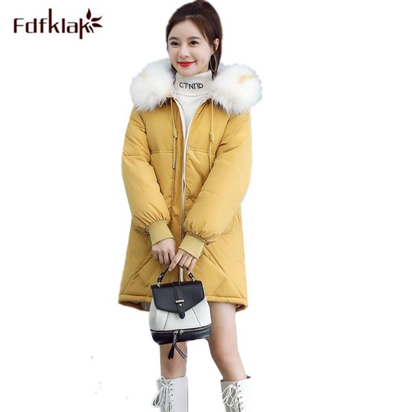 

fdfklak winter jacket women medium long hooded coat female thick loose down cotton coats fur collar lady parka jackets casaco, Black