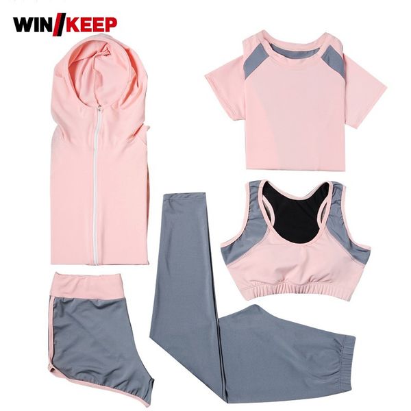 

2018 running set sport jacket+tights pants+short+yoga shirt+sports bras 5 pieces yoga sports wear tracksuit fitness gym clothing, Black;blue