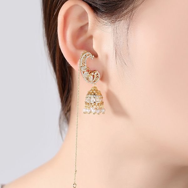 

zlxgirl mirco paved cubic zirconia wedding earring fashion high end copper chain long earring dubai gold, Golden;silver