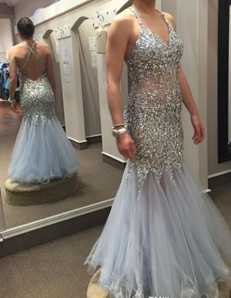 

2020 плюс размер платья выпускного вечера see through sexy luxury бисером кристалл длинные v-образным вырезом спинки русалка вечерние вечерн, Black;red