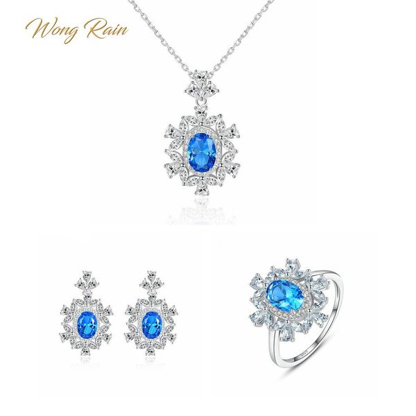 

wong rain luxury 100% 925 sterling silver aquamarine gemstone earrings ring necklace fine jewelry set wholesale drop shipping, Black