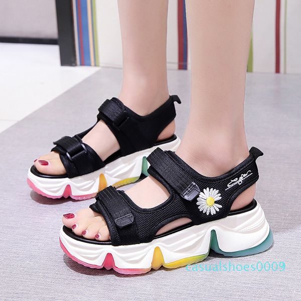 

черный белый цветок сетки hollow спорт сандалии женская обувь летняя радуга подошва повседневный платформа клин сандалии женщин 2020 c03, Black