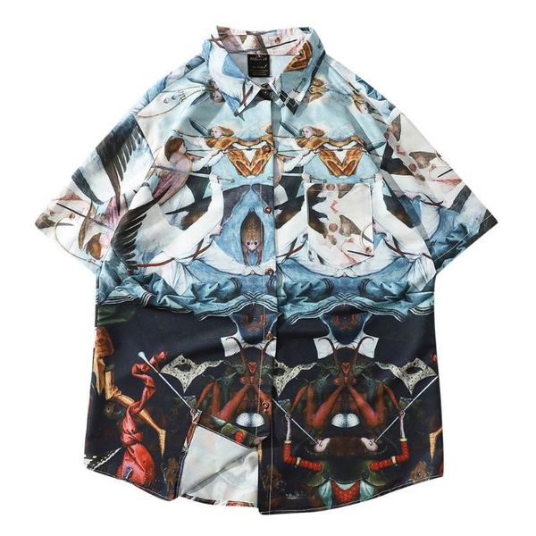 

fashion summer men print turn-down collar loose short sleeve shirt blouse man printed shirts 2019 new arrivals 3.4, White;black
