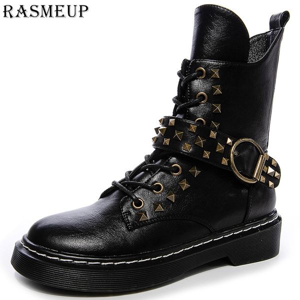 

rasmeup genuine leather women liuding boots 2019 brand design retro breathable women's boot vintage fashion ladies shoes, Black