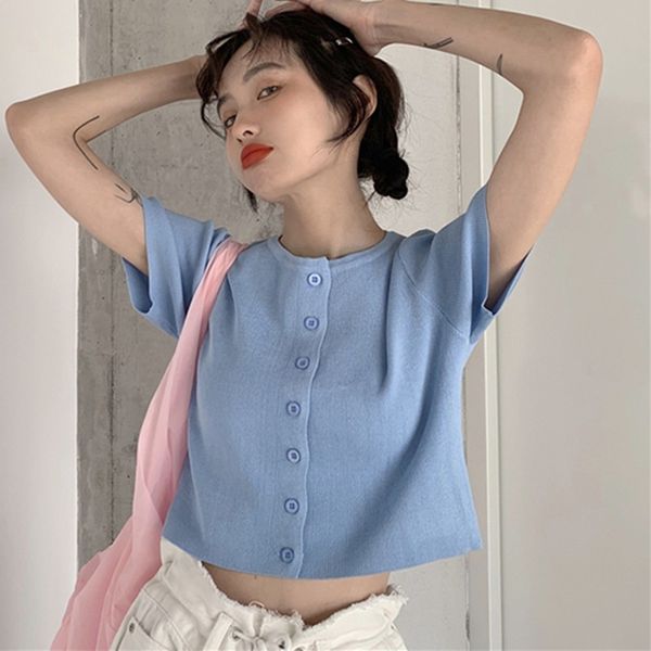 

knitted crop for women fashion o-neck short-sleeved t-shirt solid color tee single-breasted button cardigan casual, White