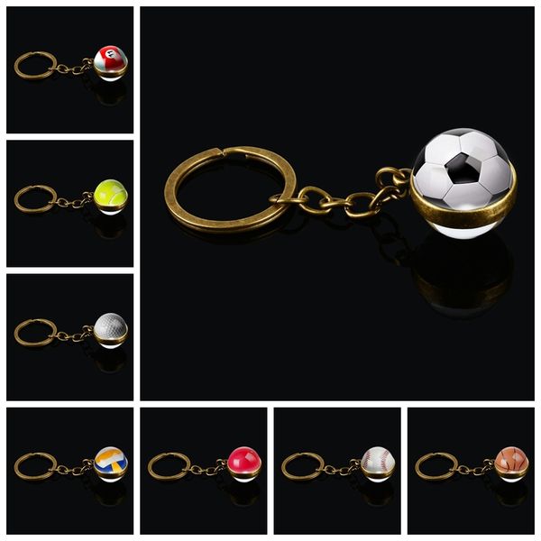 

double side glass ball keychain basketball baseball football volleyball tennis softball golf picture glass pendant metal keyring, Slivery;golden