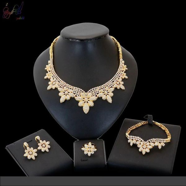 

yulaili высокое качество дубай золотой комплект ювелирных изделий кристалл горный хрусталь элегантный пышное ожерелье браслет серьги невесты, Black