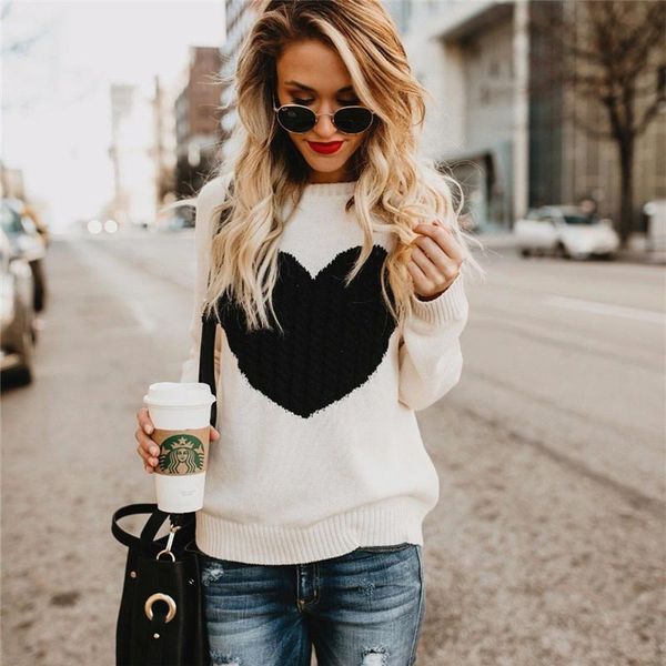 

2019 new fashion knitwear street trend heart pattern sweater women autumn winter warm women coat pullovers sweaters, White;black