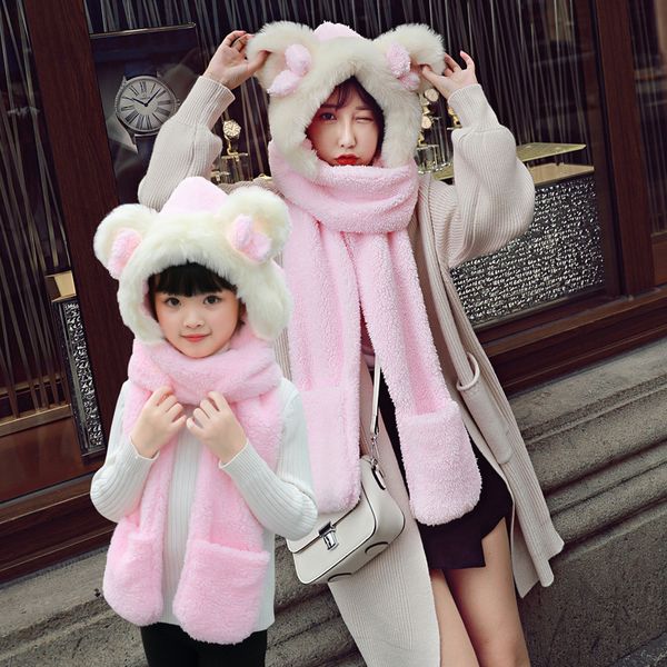 

parent-child hat 3 in 1 multifunctional cap scarf glove set for women kids winter plush warm hats children baby girls boys caps, Blue;gray