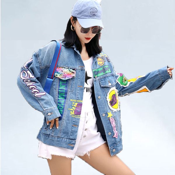 

2019 spring harajuku students wash water jeans denim jacket women casual letter graffiti printed denim jacket short coats 600, Black;brown