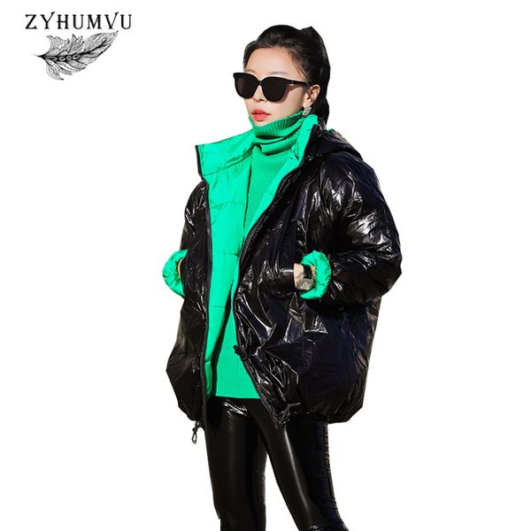

2019 winter women jacket large size down cotton coat fashion bright double-sided wear outerwear warm female hooded parka hs791, Black