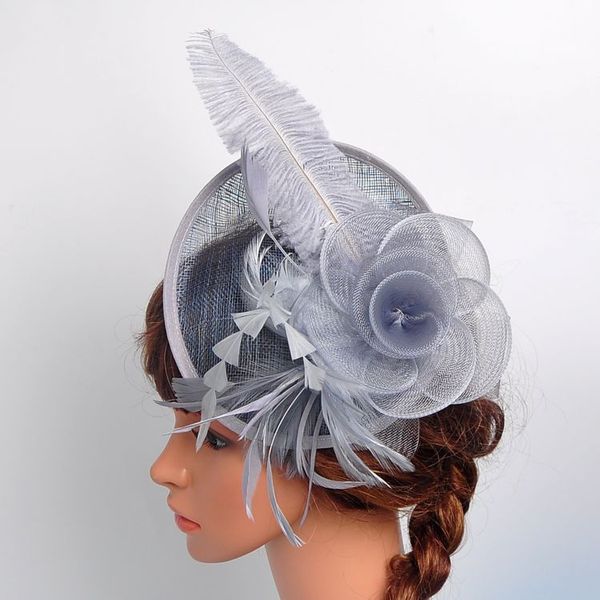 

2019 new ladies royal fascinators wedding races cocktail fascinator women linen feather hat party fedora cap, Blue;gray