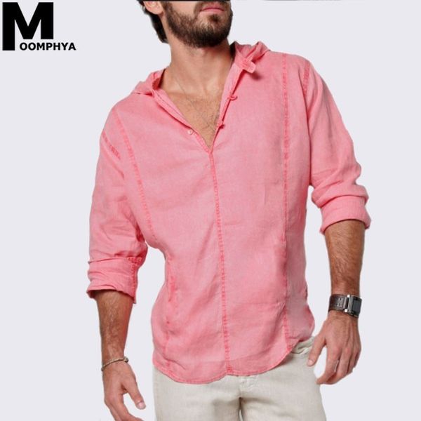 

moomphya 2019 new arrived henry collar hooded men shirt male shirt linen long sleeve men's solid color shirts man, White;black