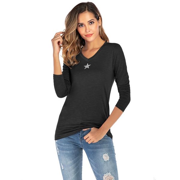

new fashion women clothing shirt v-neck pentagram printed female t shirt knitted simple long sleeve ladies tees de mujer, White