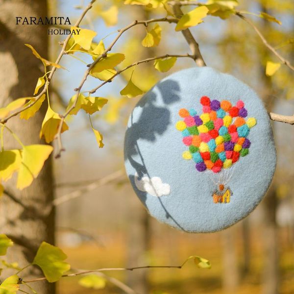 

faramita holiday up movie colorful air balloon spring women hand made beret fairy tale originality manual girls kids hat cap, Blue;gray