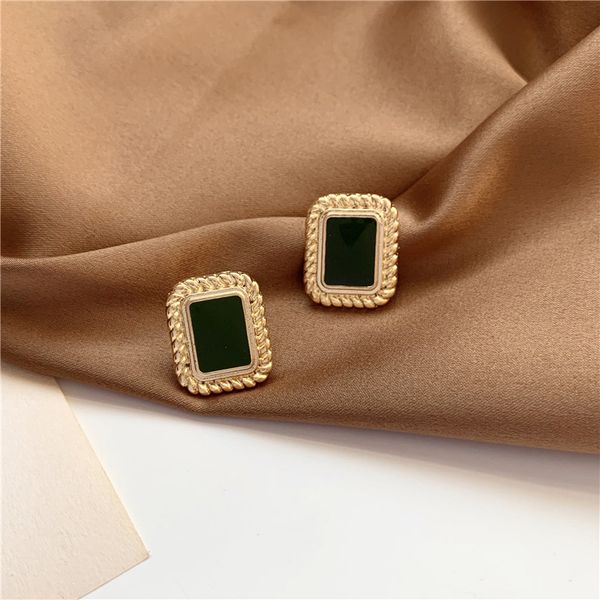 

cute green square earrings with clips geometric vintage big earrings, Silver