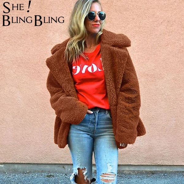 

sheblingbling female plush teddy coat faux fur coats women cardigan winter fashion warm turndown long sleeve loose solid jacket, Black