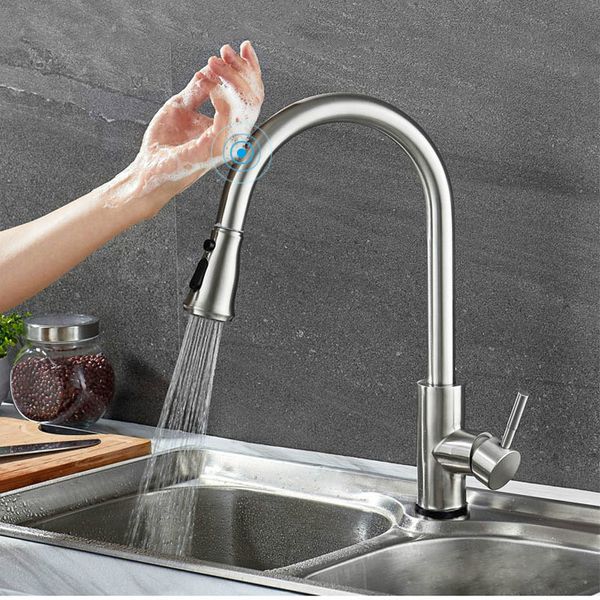 

Touch Sense Control Kitchen Faucet Pull Out Sink Water Mixer Tapware Double Flow Setting Pause Button Stainless Steel Brushed