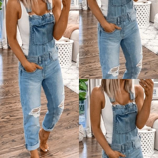 

solid color women jumpsuits jeans light blue denim belt pants washed hole pants large women suspenders ladies rompers trousers