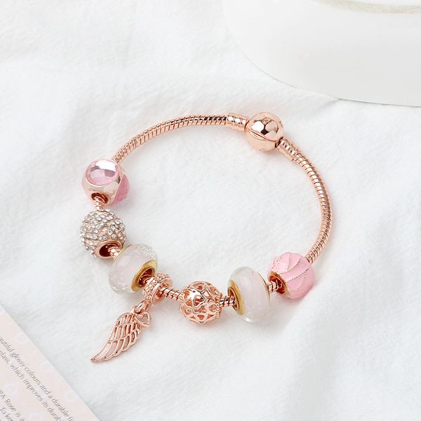 

new pandora 925 rose gold glaze magic beads bracelet angel wing pendant bracelet wholesale with box ing, Golden;silver