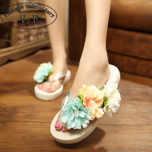 

bohemia flowers woman slippers beach flip flops shoes summer style slides slip- resistant slippers platform shoes woman, Black