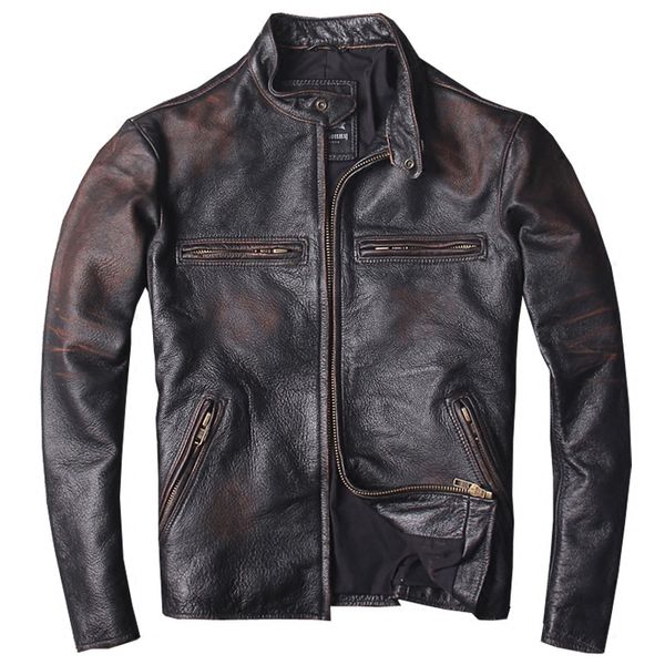 

2019 vintage men slim fit biker's leather jacket plus size xxxl genuine cowhide spring russian short leather coat ing, Black