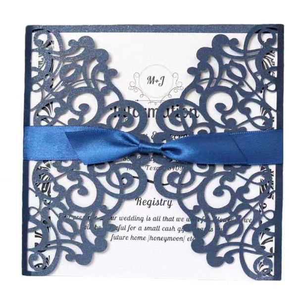 

navy blue wedding invitations laser cut wedding invitation card square greeting cards with ribbon festive party & supplies
