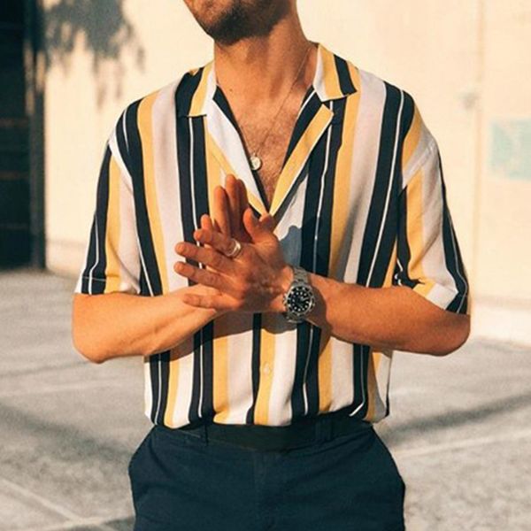 

camisas para hombre 2020 europe america new style striped short sleeve button men casual shirt men's clothing, White;black