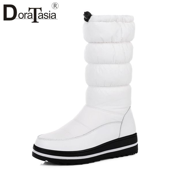 

doratasia popular genuine cow leather warm winter women mid-calf snow boots plus size 35-44 elastic band platform 4cm med wedges, Black