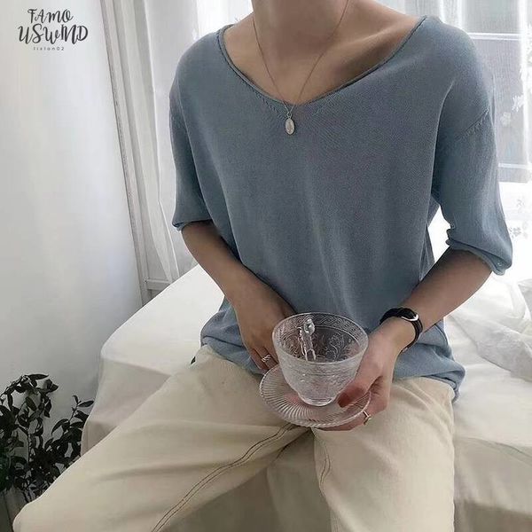 

summer thin basic oversize t shirt for women solid tees short sleeve v neck casual knit t shirts knitwear basic big, White