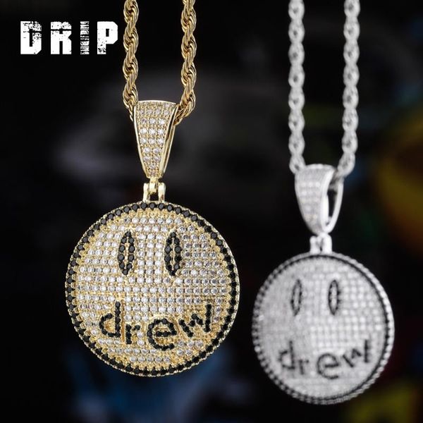 

2020 new style hip hop copper pendant iced out brass zircon cartoon smile drew face circle gold neckalce, Silver