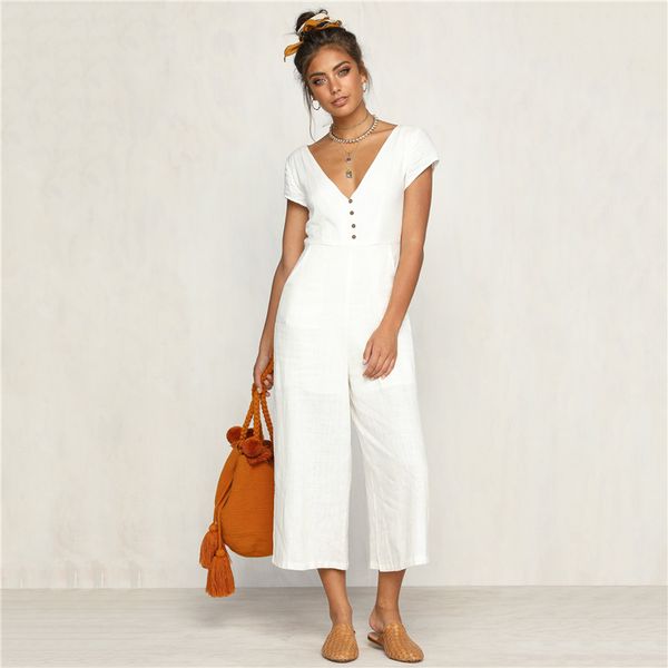 Wholesale-Mulheres Jumpsuits de escritório profundo V Neck Moda Pure Color Senhora Jumpsuit Romper Chiffon Long Wide Perna Calças Clubwear Holiday