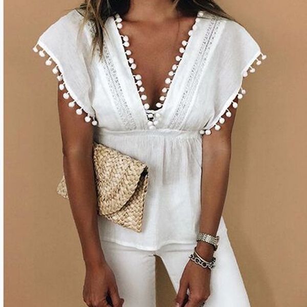 

2020 женщины кружева шить блузка лето повседневная свободные с коротким рукавом хлопок рубашки твердые v-образным вырезом топы женский плюс, White