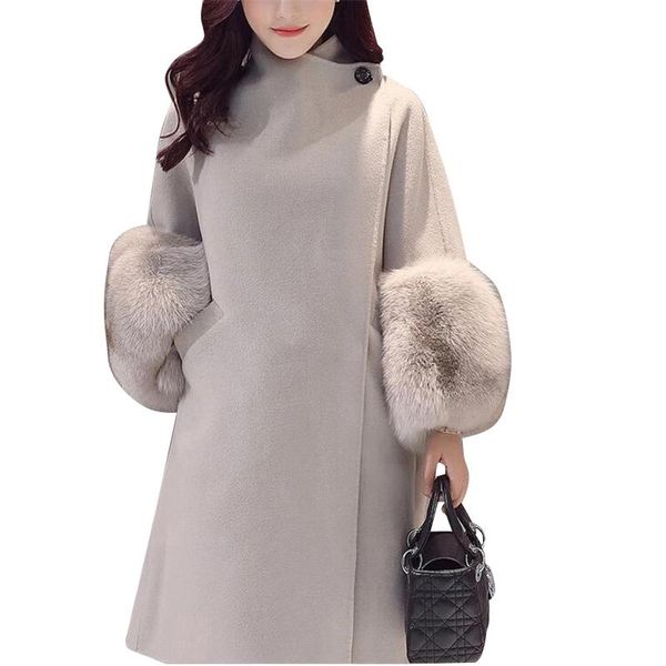 

women wool coat fur sleeve solid slim outwear autumn winter fashion casual loose wooolen coat gray, Black