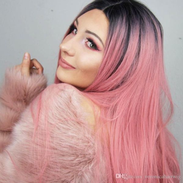New Sexy Ombre Peach Pink Long Straight Synthetic Lace Front Wig