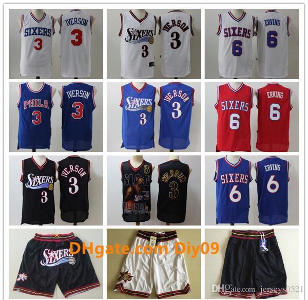 

mens philadelphia 76ers throwback jersey allen 3 iverson nba julius 6 erving basketball jersey basketball shorts black gold blue, Black;red