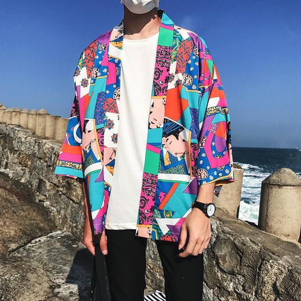 

japanese kimono shirts men three quarter sleeve full printed floral shirts camisa hip hop streetwear brand hawaiian, White;black