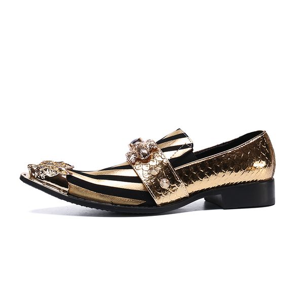 

british style party men dress shoes stripe genuine leather formal shoes gold metal pointed toe business wedding, Black