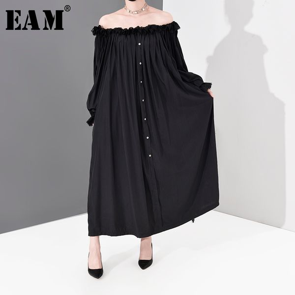 

eam] women black ruffles split big size long dress new slash neck long sleeve loose fit fashion tide spring summer 2020 jz0440, Black;gray