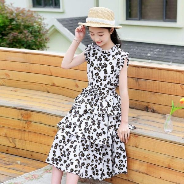 

2020 summer chiffon kids dresses floral print children clothing sleeveless princess party dress for girls clothes vestidos w242, Red;yellow