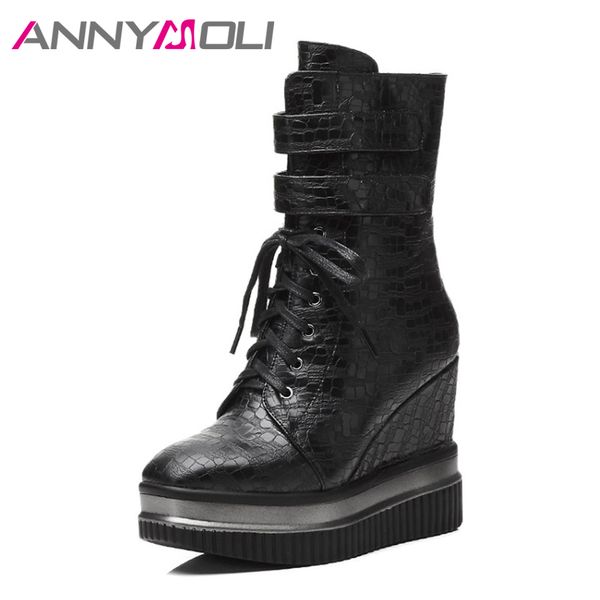 

annymoli women boots platform wedge heels mid calf boots zipper 2018 ladies winter shoes size 34-39 hidden heels footwear black